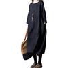 ORANDESIGNE Abiti Lungo Donna Manica 3/4 in Cotone e Lino Maxi Vestiti Girocollo Tinta Unita Casual Abito Caftano Boho Allentato Abito Spiaggia Bikini Cover Up Taglie Forti D Nero XXL