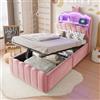 Ktipm Letto Singolo 90x200 cm, Testata Contenitore con LED e USB, Rosa
