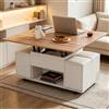 VIEKOS Tavolino da salotto regolabile in altezza, multifunzione, 3 in 1, con vano portaoggetti, convertibile in tavolo da pranzo, tavolo da lavoro, con ruote e 4 sgabelli, 100 x 50 x 48 cm, bianco + tono