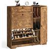 Xbro Scarpiera Salvaspazio Slim da Ingresso in Legno, 2 Cassetti a Ribalta Doppi Regolabili + Cassetto Superiore e Vano Laterale con Ripiani, Mobile Scarpiera 100x30x103 cm, Colore Legno Rétro