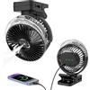 ELZO Ventilatore da campeggio da 12000 mAh, ventilatore da tavolo USB con luce a LED e funzione spray, gancio di sospensione e chiusura magnetica, silenzioso ventilatore a clip di rotazione a 360°