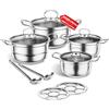 Mihoho Set di pentole in acciaio inox, set di pentole da 12 pezzi con vaporiera e cucchiaio, set di pentole per cottura a induzione di grandi dimensioni, adatto a tutti i tipi di fornelli (Grigio chiaro)