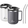 VEGOATY Set di 2 tazze da caffè isolate in acciaio inox, con manico e paglia: 430 ml, tazze da caffè isolate a doppia parete, con manico e scorrimento, riutilizzabili in acciaio inox (bianco crema e