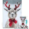 JIANGENNF Puzzle per ragazzi da 1000 pezzi con alpaca natalizia tra le corna di renna, ideale per giochi rilassanti e attività in famiglia, con poster e foglio di curiosità abbinati 38x26cm