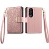 COQUE Custodia Portafoglio con Floreale per Samsung Galaxy Z Fold 8-Rosa | Custodia in PU con 3 alloggi, cavalletto, chiusura lampo, lembo magnetico, cinturino, protezione totale