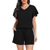 Lovasy Pigiama Donna Cotone Estiva Ruffle Maniche Pigiami Set Corta Scollo a V e Maniche Corte 2 Pezzi Pigiama da Casa Leggero T-Shirt Pigiama