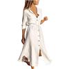 Generic Vestito Estivo Lungo - Abito Camicia Donna Chemisier Lungo in Cotone Lino, Vestito Casual Monocolore con Bottoni Colletto Coulisse Vita, Estate Spiaggia Vacanza e Tempo Libero