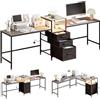 Yorbay Doppia scrivania da ufficio con prese: scrivania per computer a forma di L con cassetti in tessuto, scaffale per stampante, tavolo da gioco a LED, scrivania angolare per ufficio, studio