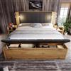 Moimhear Letto matrimoniale, letto in legno, con testiera pieghevole in tessuto di lino, due comodini, panca con vano per lettura, con USB, colore rovere (180 x 200 cm)