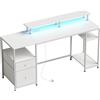 HOMCOM Scrivania LED con cassetti, prese, USB e supporto monitor, 155,5x48x88,5 cm, bianco | Aosom Italy