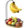Dvocel Cestino per frutta con porta banana - Ciotola per frutta in metallo con fondo in bambù, cestino per frutta per cucina, piano di lavoro e tavolo, moderno supporto per frutta, verdura, pane e