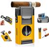 CIGAROL Accendini, 5 in 1 Accendino con Tagliasigari a V, 2 Fiamma Accendino Antivento per Sigari - Senza Gas Butano, Perfetto Regalo per Uomo (Giallo)