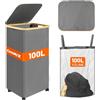 Chumix Cesto Portabiancheria con Ruote, 100 L Portabiancheria Sporca Pieghevole con Coperchio, Cesta Portabiancheria Salvaspazio, Borsa Interna Rimovibile, per Bagno, Dormitorio, Lavandería, Grigio