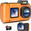 SiSuSy Fotocamera subacquea 8K, per snorkeling con scheda da 64 GB, robusta batteria da 2500 mAh per selfie a doppio schermo antipolvere antiurto