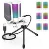 FIFINE USB Microfono per PC Gaming PS5, RGB Microfono a Condensatore da Tavolo con Pulsante di Silenziamento, Filtro Anti-Pop e Supporto Antiurto per Streaming Podcasting Youtube Skype