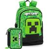 Clondo Set Scuola 2 Pezzi Per Minecraft Fan Zaino Scuola Elementare Bambino + Astuccio 3 Scomparti Completo (45 Accessori) - School Pack