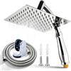 Keltorio Soffione doccia a pioggia con doccetta e supporto, 8 pollici quadrato in acciaio inox, soffione doccia ad alta pressione con tubo, soffione doccia universale G1/2 cascata, doccia a pioggia, cromato