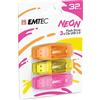EMTEC Chiavetta USB 2.0 C410, memoria flash drive da 32 GB, lettura 5 Mb/S, scrittura 15 Mb/S, compatibile con USB 2.0, USB 3.0, trasparente neon fluorescente con cappuccio, confezione da 3