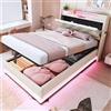 Ktipm Letto Singolo Bambini Imbottito 90x200 cm con LED e USB, Struttura Letti Singoli Idraulico, Letto Singolo Contenitore con Testiera a Contenitori/Doghe di Legno, Lino, Senza Materasso, Beige