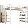 Azkoeesy Letto a Soppalco Metallo 90x200 cm con Scala e Armadio, 4 Ripiani Portaoggetti, per Adolescenti e Adulti, Cameretta, bianco