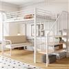 luckdect Letto Mezzanino 140x200, Letto a Soppalco Doppio in Ferro con Divano-Letto Rimovibile, Spazio di Archiviazione e Scala di Sicurezza, Letto Mezzanino a 2 Posti per Famiglie Numerose