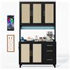 Azkoeesy Credenza alta con Luci LED via App e Piano di Lavoro, Mobile Dispensa Cucina Buffet 100x40x183 cm Nero, 3 Cassetti, 5 Ante Effetto Rattan, Presa Elettrica, Maniglie Dorate