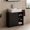 [en.casa] Mobile Sottolavabo da Terra con Anta Armadio da Bagno Sotto Lavandino con Scomparto Chiuso Ritaglio Sifone e 3 Ripiani Vani Aperti Lavanderia 60 x 66 x 30 cm - Nero/Effetto Noce