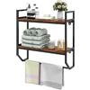 GIANTEX Mensole Bagno a Parete con Barra, Porta Asciugamani e Telaio in Metallo, Scaffale a Muro da Bagno 2 Livelli, Mensole da Muro in Stile Industriale per Soggiorno, Cucina, Marrone Rustico