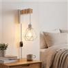 Alpinaluz Aplique da Parete Moderno con Cable Trenzato Bianco e Nero, Interruttore e Spina, Gabbia Metallica Bianca e Braccio in Legno Naturale, Luce Decorativa per Camera da Letto e Soggiorno Interni