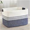 MYHOMMATTO Grande cesto per biancheria intrecciato in corda di cotone, 86L, con manici in cuoio, per coperte, vestiti, giocattoli, per lavanderia, camera bambini o soggiorno, 60x40x36 cm, bianco e blu