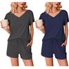 Ekouaer Pigiama Donna Estivo Pigiama Corto Donna Leggero Confezione da 2 Maniche Arricciate Scollo a V, Grigio Scuro + Blu Navy, XL
