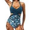 Generic Costume Intero Donna - Costume Intero da Donna a Collo Blu Bianco Motivo Floreale Elastico lusinghiero per Resort Relax Spiaggia