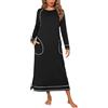 Litherday Camicia da Notte Donna Lunga Tasche Spacco Girocollo Casa Nero M