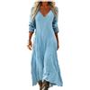 Gienslru Vestito Lungo Donna Estivo Boho Chic in Lino Effetto, Maxi Abito Floreale Vintage con Scollo a V e Maniche Lunghe, Elegante con Tasche per Mare Vacanza Cerimonia Primavera Estate Taglie Forti Curvy