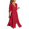 Generic Vestito Chemisier Donna in Cotone Lino Tinta Unita, Abito Camicia Lungo con Bottoni, Colletto Risvolto, Coulisse Vita, Maniche Lunghe Casual Estivo