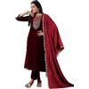 ishin Completo da donna in velluto con pantaloni e Dupatta Zari marrone, rosso cupo, L