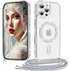 Coiwxmoi Cover Magnetica per iPhone 12 Pro Max Custodia con Cordino Laccio, Compatibile con Magsafe Trasparente Glitter Silicone Protettiva Antiurto Antigraffio Case con Collana, Argento