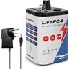 wowpower Batteria ricaricabile LiFePO4 4R25 da 6 V, 6 V, 6 Ah, con caricatore del Regno Unito, per lanterna, torcia, luce di emergenza, mangiatoia per giochi di cervi (terminale a molla)