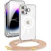 DiDaDi Custodia magnetica Cover per iPhone 16 Pro con cordino [compatibile con MagSafe] 2 pellicole protettive, 1 protezione per fotocamera in vetro, Collana con cordino regolabile (Rainbow)