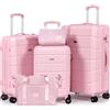 H.yeed Set Valigie 5 Pezzi, Trolley Rigidi ABS da 20/24/28 Pollici con Borsa da Viaggio e Borsa da Toilette, Bagaglio Leggero con 4 Ruote Girevoli a 360° e Serratura TSA, Rosa
