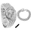 genkigold Orologio con Diamanti per Ragazzi - Quadrante Ottagonale 38mm con Numeri Romani - Placcato in Platino Cinturino 19,5cm - Include Strumento di Regolazione, Abbinato a Catena Cubana 18cm