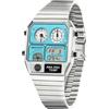 MASTOP Orologio analogico digitale quadrato retrò con display della temperatura, 3 fusi orari, retroilluminazione, impermeabile fino a 50 m, sveglia e cronometro settimana/data, Argento Azzurro