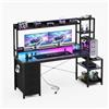 YOUDENOVA Scrivania da gioco con cassetti e mensola, 150 x 48 cm, tavolo da gioco con LED, presa e USB, scrivania per computer con supporto per monitor, ripiani e supporto per cuffie, fibra di