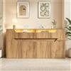 MSMOK Credenza con ripiano in vetro temperato, 140 x 40 x 70 cm, effetto legno, 2 cassetti, MDF, portata 30 kg, per sala da pranzo e soggiorno, naturale