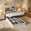 LieABak Letto per ragazzi 90 x 200 cm, con testiera, letto a molle con cassetta, letto imbottito singolo con LED e USB, letto funzionale con rete a doghe, lino, beige (beige, 90 x 200 cm)