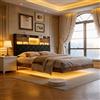 EZSSW Struttura letto matrimoniale 160x200 in metallo con testiera contenitore, illuminazione RGB intelligente e prese USB-C, design sospeso caldo-moderno