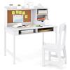 COSTWAY Set Scrivania e Sedia per Bambini, Tavolo per Studenti in Legno con Bacheca in Sughero, Cassetto, Pensile con Ripiani Aperti, Postazione Computer per Bambini per Studio e Lettura (Bianco)