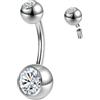 ZS ASTM F136 - Piercing per ombelico in titanio massiccio, con zircone cubico da 14 G, filettatura interna, barra lunga per piercing per il corpo