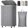 Lifewit Cesto Porta Biancheria Sporca con Coperchio e Ruote, Portabiancheria Pieghevole con Sacco Rimovibile, Laundry Basket per Camera da Letto, Bagno e Lavanderia, 85L, Grigio Chiaro