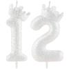 Zi Lan Candele per 12° compleanno con corona bianca glitterata, classica candela bianca con numero di compleanno per decorazioni per torte, decorazioni per ragazze, anniversario di matrimonio, celebrazione